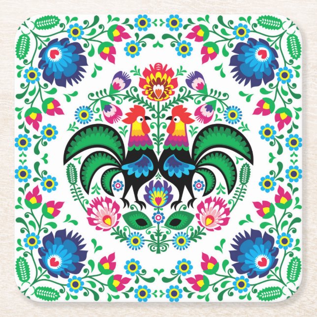 Quadratisches polnisches Hahn-Muster Rechteckiger Pappuntersetzer (Vorderseite)