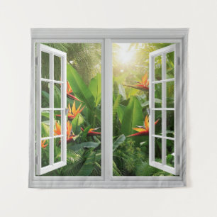 Quadratisches weißes Fenster mit tropischer Szene Wandteppich