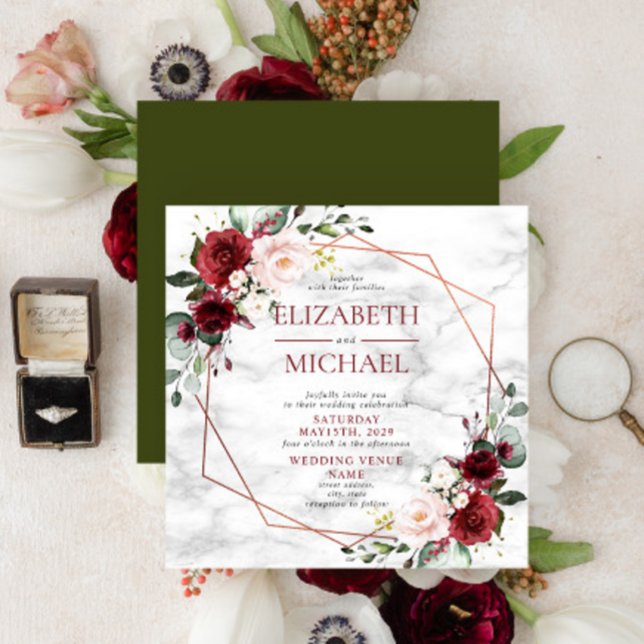Quadratkupfergeometrische Burgundy-Marmorhochzeit Einladung (Von Creator hochgeladen)