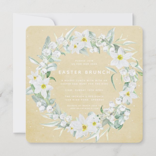 Quadratzoll Gelb + Weißes Blumenkraut OsterBrunch Einladung (Vorderseite)