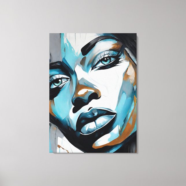 Quadro abstrato rosto de mulher azul, cinza, preto leinwanddruck (Vorderseite)