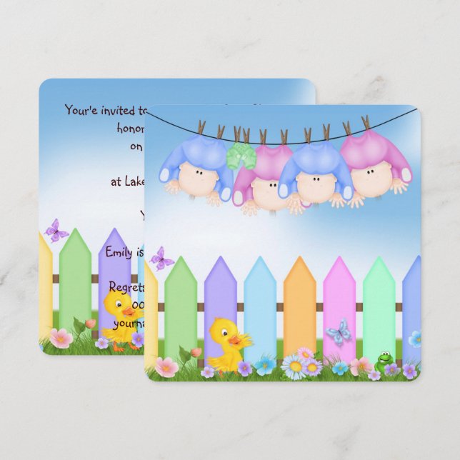 Quadruplet Baby Dusche Einladung (Vorne/Hinten)