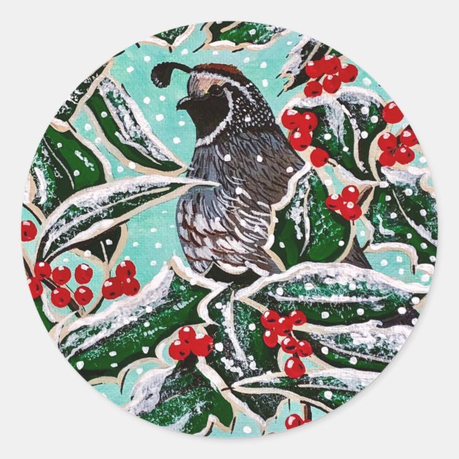 Quail in Weihnachten Holly! Runder Aufkleber (Vorderseite)