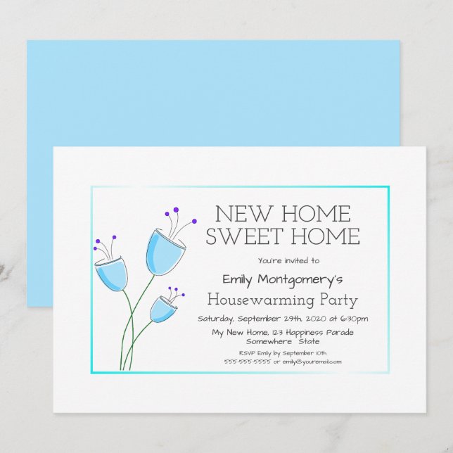 Quaint Blue Floral Housewarming Party Einladung (Vorne/Hinten)