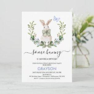 Quaint Blue Green Boys Little Bunny 1. Geburtstag Einladung