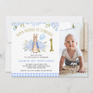 Quaint Blue Kariert Boys Bunny Rabbit 1. Geburtsta Einladung