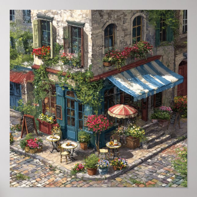 Quaint European Cobblestone Cafe Street Scene Poster (Vorne)