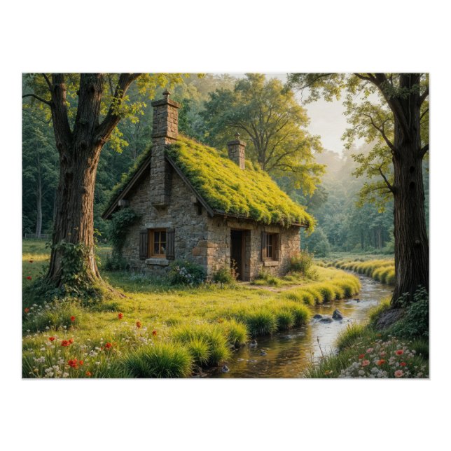 Quaint Stone Cottage By a Woodland Stream Poster (Vorderseite)