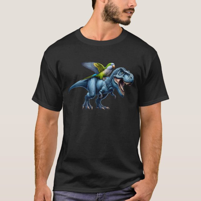 Quaker Parrot Riding Dinosaur Funny Bird Lover T-Shirt (Vorderseite)