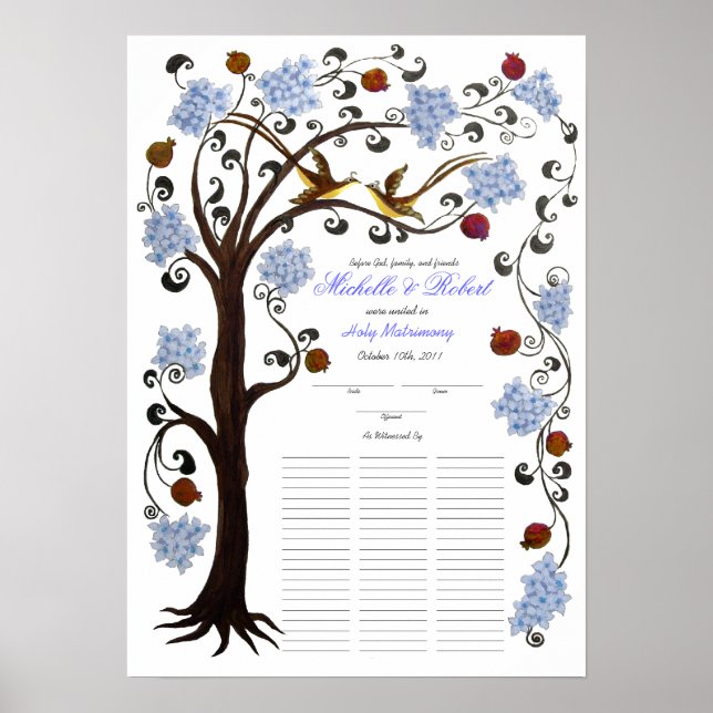 Quaker Wedding 60 Gäste, blauer Baum des Lebens Poster (Vorne)