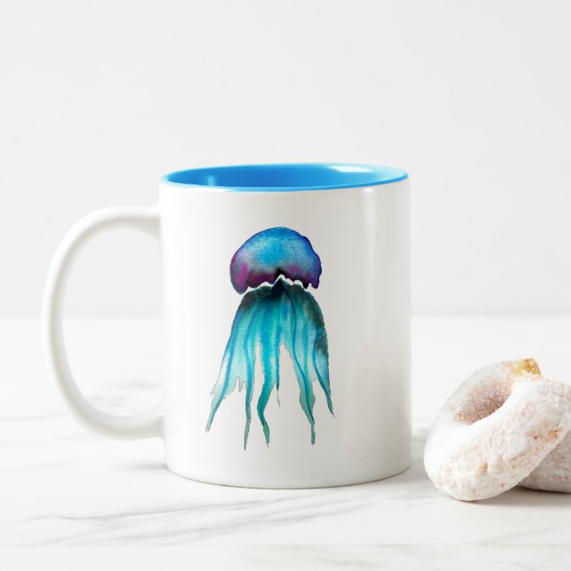 Quallen Aquarell Aquarell farbig, modern, aquatisc Zweifarbige Tasse (Mit Donut)