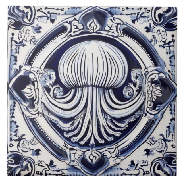 Quallen Blue und White Sea Life House Fliese (Vorderseite)