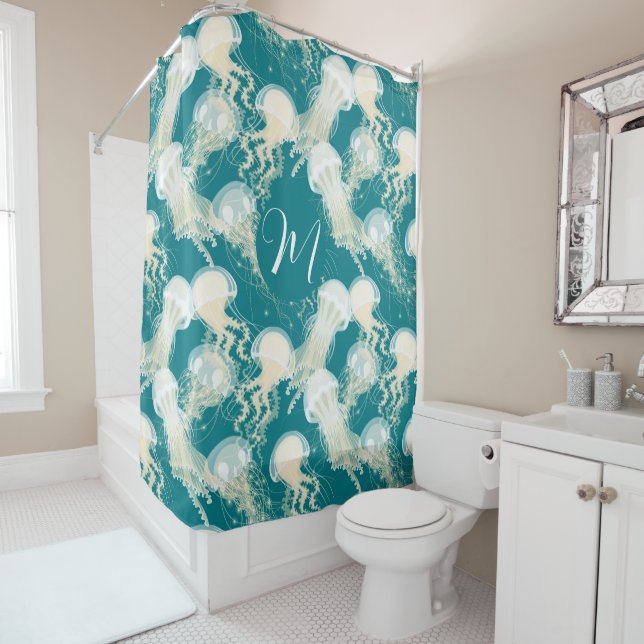 Quallen in Blue Ocean Summer Season Monogram Duschvorhang (Beispiel)