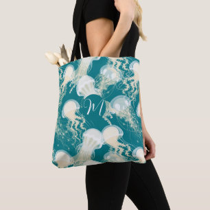 Quallen in Blue Ocean Summer Season Monogram Tasche