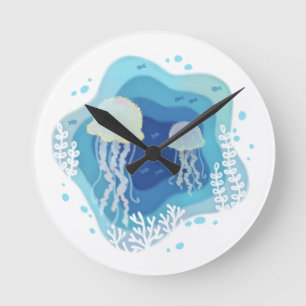 Quallen in Ocean Paper Art Illustration Runde Wanduhr