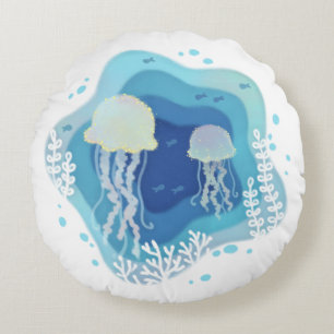 Quallen in Ocean Paper Art Illustration Rundes Kissen