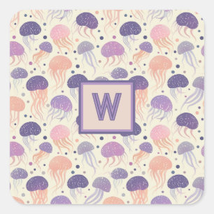 Quallen-Niedliche Pastel Lila und Orange Monogramm Quadratischer Aufkleber