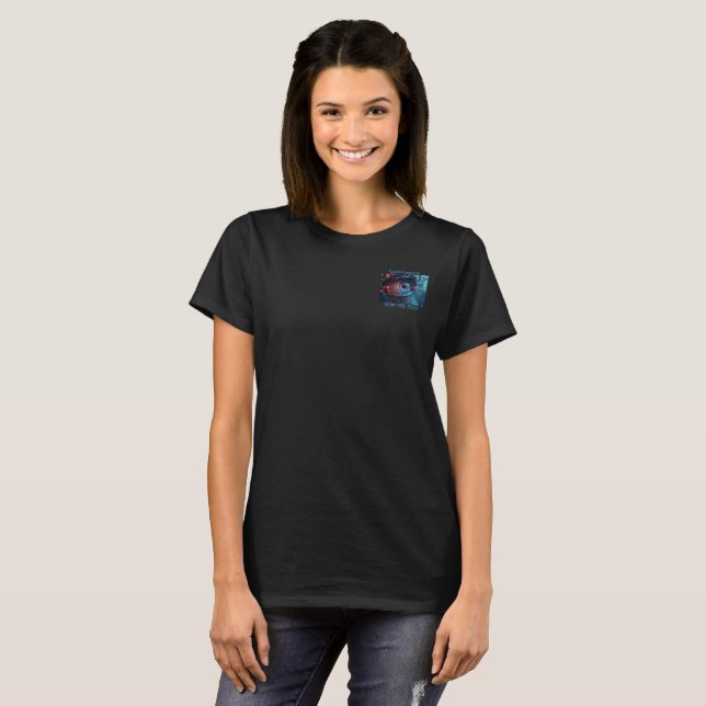 Quantum Eye Tech Damen schwarzes T-Shirt mit Tasch (Vorne ganz)