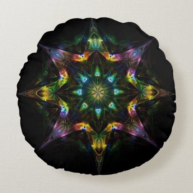 Quantum Starfire - Sacred Geometry Cosmic Mandala Rundes Kissen (Vorderseite)