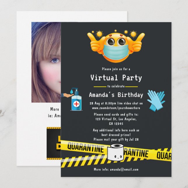 Quarantäne Virtual Birthday Party Foto Einladung (Vorne/Hinten)