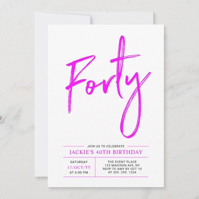 Quarante | Hot Pink 40th Birthday Party Invitation (Devant)