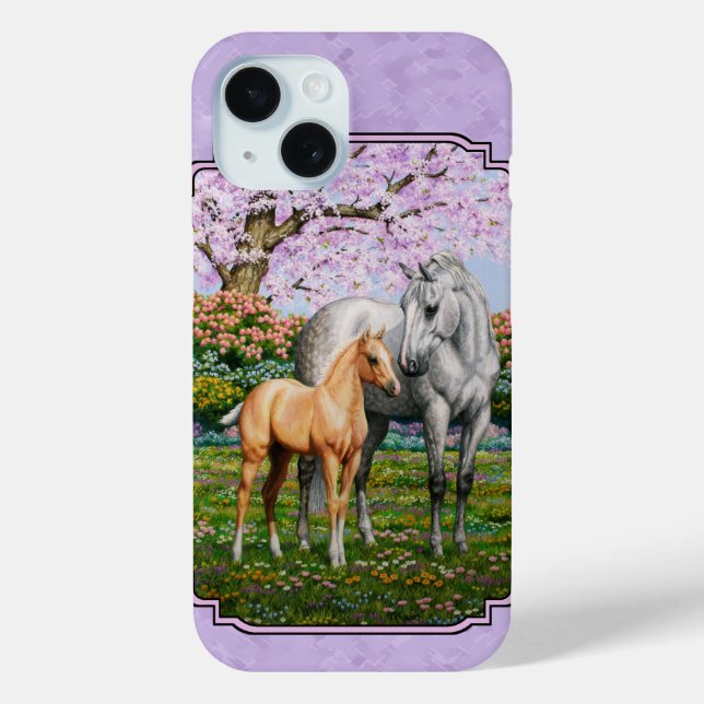 Quarter Horse Mare und Fohlen Lila iPhone 15 Hülle (Rückseite)