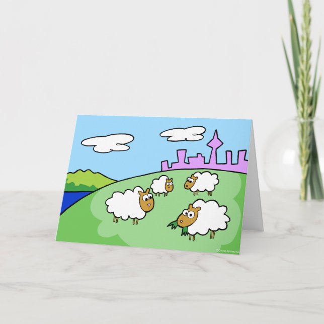 Quatre moutons sur une carte de voeux de colline (Devant)