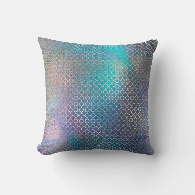 Quatrefoil Art Deco Silver Türkis Aquamarines Meta Kissen (Vorderseite)