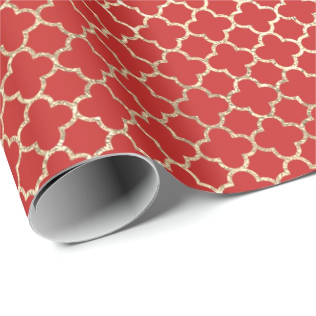 Quatrefoil Bridal Roter Bright Art Deco Imitate Go Geschenkpapier (Rolleneckpunkt)