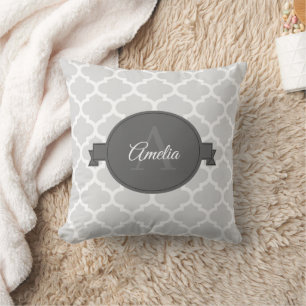 Quatrefoil gris oreiller à lancer personnalisé