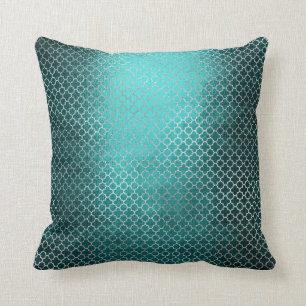 Quatrefoil Kunst-Deko-Silber-aquamariner grüner Kissen