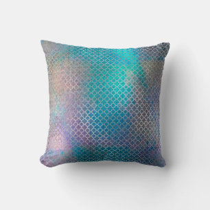 Quatrefoil Kunst-Deko-Silber-Türkis-aquamarines Kissen