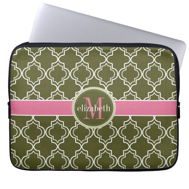 Quatrefoil Marokkaner DK olivgrünes rosa weißes Laptopschutzhülle (Vorderseite)