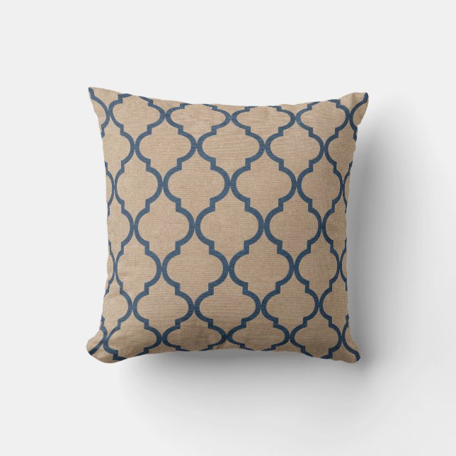 Quatrefoil Muster-Denim-Blau und TAN Kissen (Vorderseite)