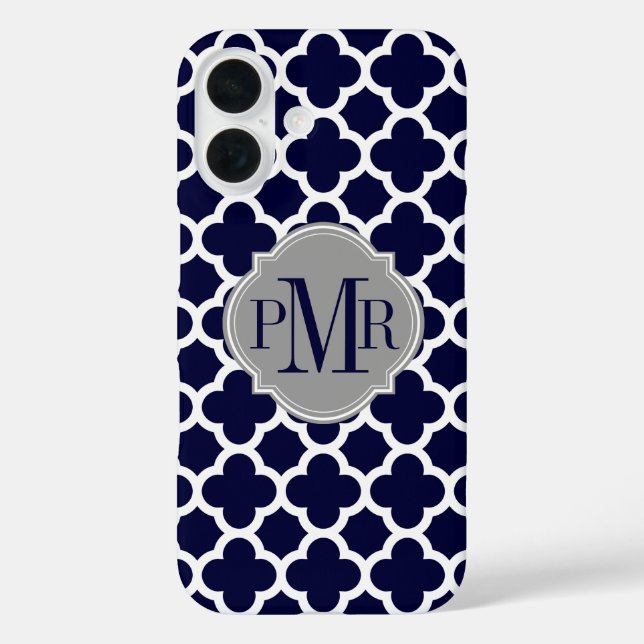 Quatrefoil Navy Blaues Muster Grau Monogramm iPhone 16 Hülle (Rückseite)