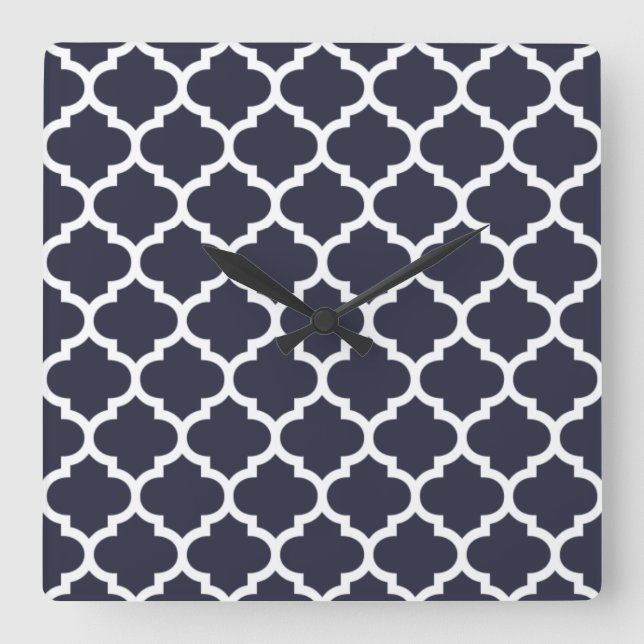 Quatrefoil Navy Blue Quadratische Wanduhr (Vorderseite)