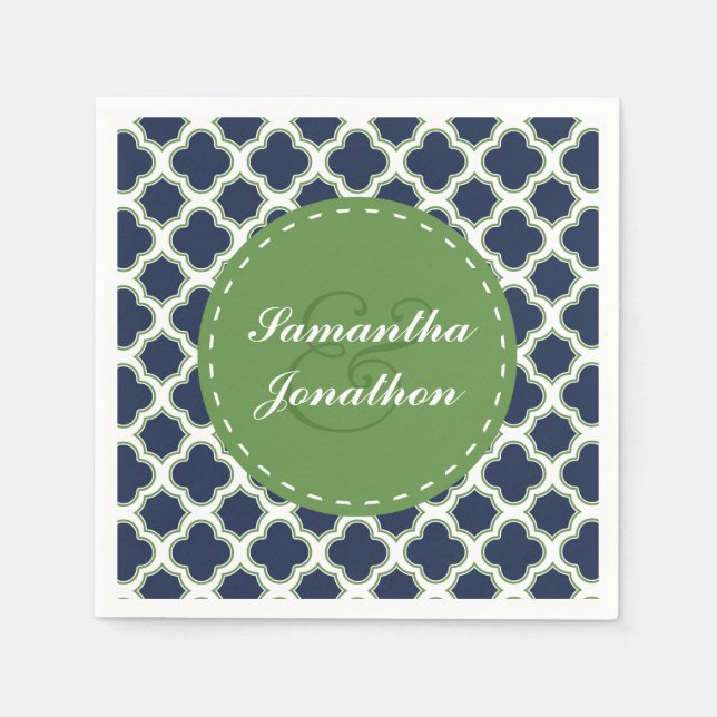 Quatrefoil Pattern Navy & Green Custom Wedding Serviette (Vorderseite)