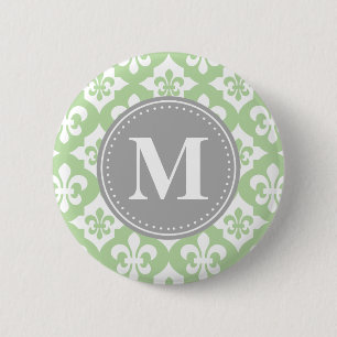 Quatrefolie Fleur-De-Lis Mint Green Gray Monogram Button