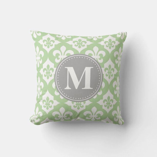 Quatrefolie Fleur-De-Lis Mint Green Gray Monogram Kissen (Vorderseite)