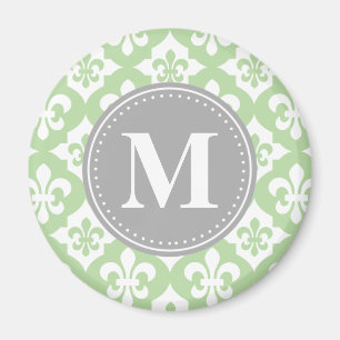 Quatrefolie Fleur-De-Lis Mint Green Gray Monogram Magnet