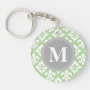 Quatrefolie Fleur-De-Lis Mint Green Gray Monogram Schlüsselanhänger