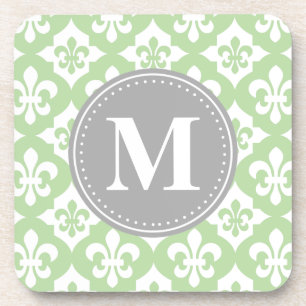 Quatrefolie Fleur-De-Lis Mint Green Gray Monogram Untersetzer