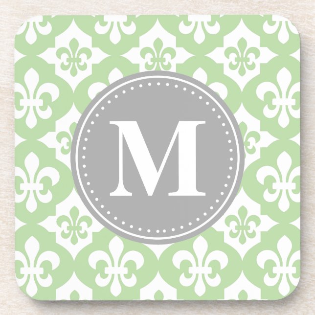 Quatrefolie Fleur-De-Lis Mint Green Gray Monogram Untersetzer (Vorderseite)