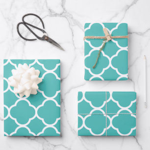 Quatrefolienmuster Aquamarines Weißes Gitter Weih Geschenkpapier Set