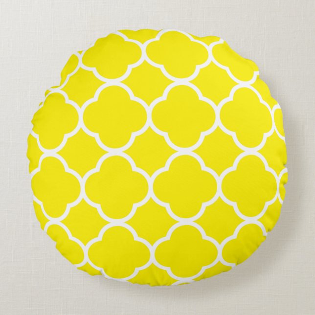Quatrefolienmuster Bright Sunshine Yellow White Rundes Kissen (Vorderseite)