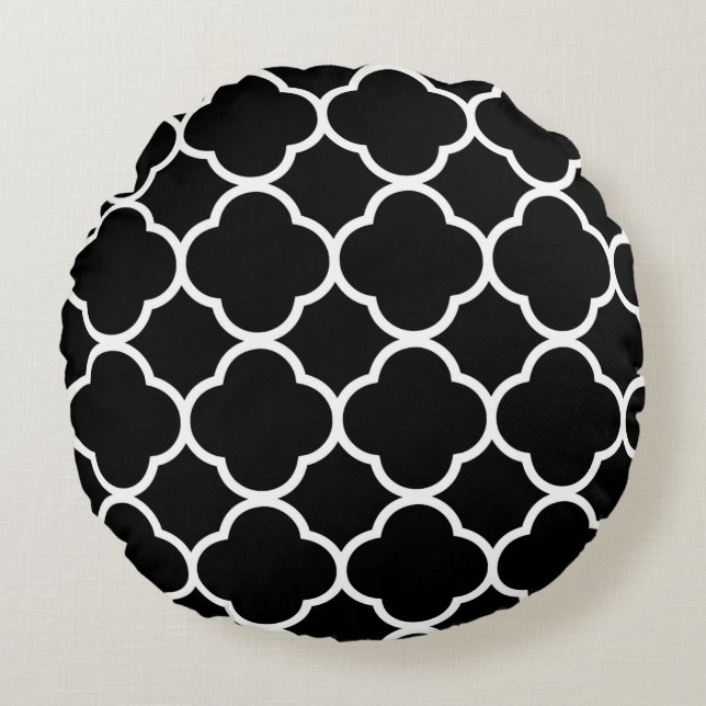 Quatrefolienmuster Schwarz und Weiß Elegant Cool Rundes Kissen (Vorderseite)