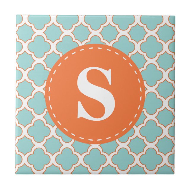 Quatrefolienmuster Türkis Orange mit Monogramm Fliese (Vorderseite)