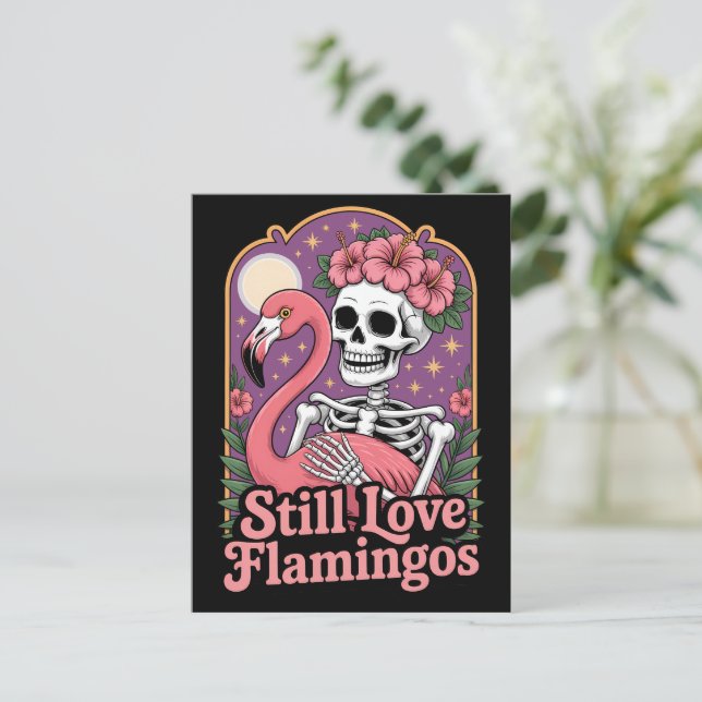 Que Skeleton Flamingo Halloween Queen Postkarte (Stehend Vorderseite)