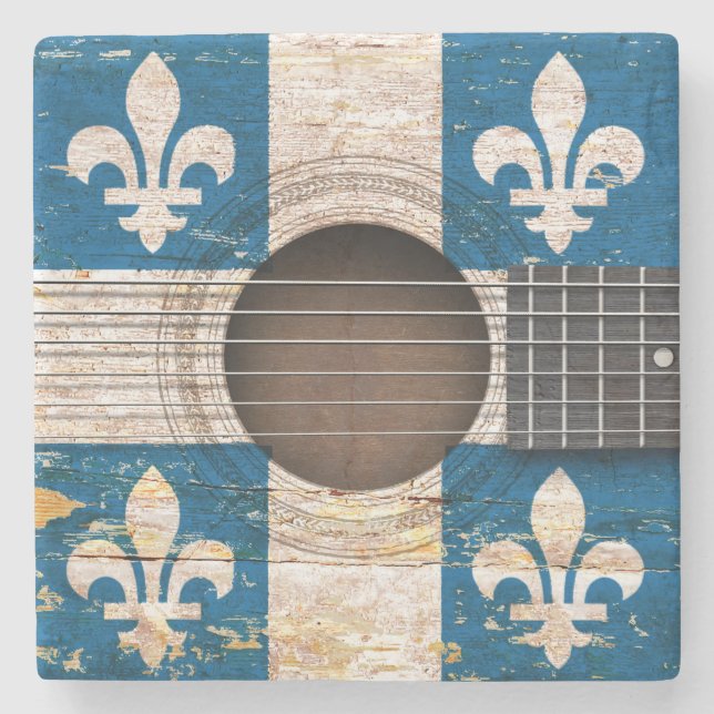 Quebec-Flagge auf alter Akustikgitarre Steinuntersetzer (Vorderseite)