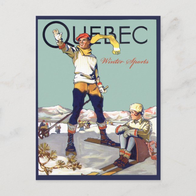 Quebec, Wintersport in Kanada, Paar auf Ski Postkarte (Vorderseite)